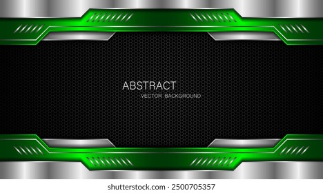 Abstract green and silver polygons on dark steel mesh background. with free space for design. modern technology innovation concept background	