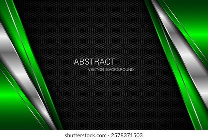 Abstract green and silver polygons on dark steel mesh background. with free space for design. modern technology innovation concept background	