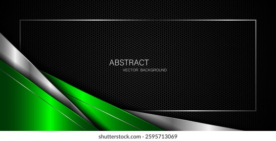 Abstract green and silver polygons on dark steel mesh background. with free space for design. modern technology innovation concept background	