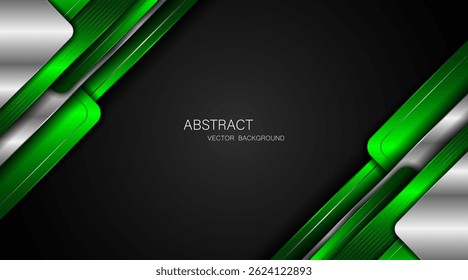 Abstract green and silver polygons on black background with free space for design.	