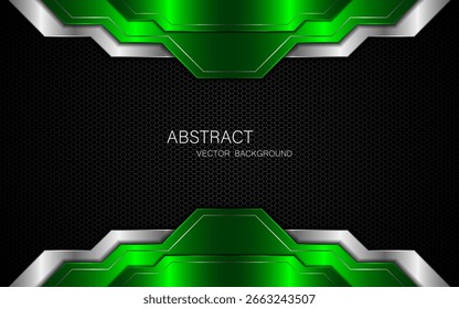 Abstract green and silver polygons on dark steel mesh background. with free space for design.	