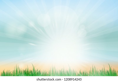 Abstract green sky blurred gradient background. Nature blurred bokeh background with sunlight and grass.