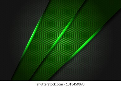 Resumen triángulo de barra verde metálico sobre gris oscuro con diseño de patrón de malla hexagonal textura futurista moderna eps10 vector 