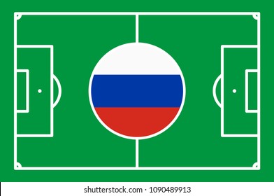 abstract green soccer field with white marks and russian national colors in center point