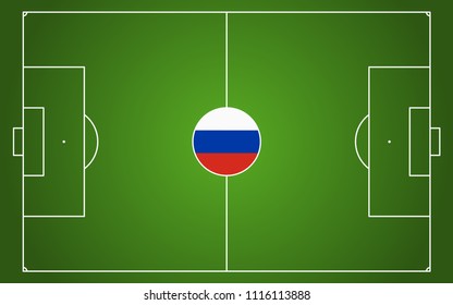 abstract green soccer field with white marks and russian national colors in center point