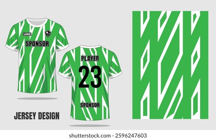 Abstract green soccer jersey pattern with dynamic geometric design, modern textures, and stylish symmetry, perfect for sportswear and athletic themes