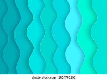 Abstract green, soft blue waved paper layers with drop shadows. Modern trendy gradient curve background. Origami design template. Vector illustration