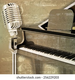 abstract green sound grunge background with grand piano and microphone