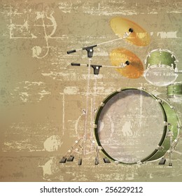 abstract green sound grunge background with drum kit