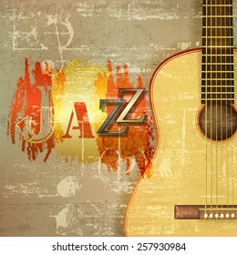 abstract green sound grunge background with acoustic guitar and word Jazz
