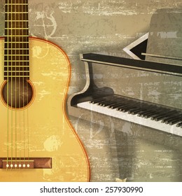 abstract green sound grunge background with grand piano and guitar
