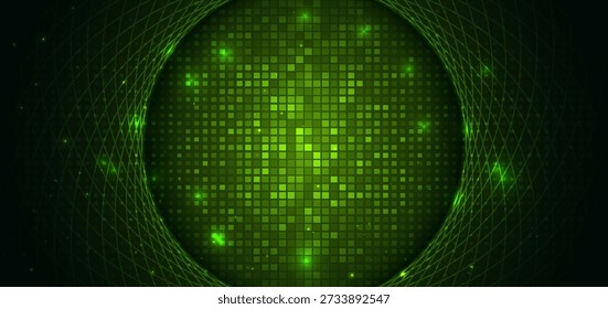 Abstract green speed curve lines grid on dark green background with square pattern decor. Technology futuristic hi speed internet concept. Vector illustration