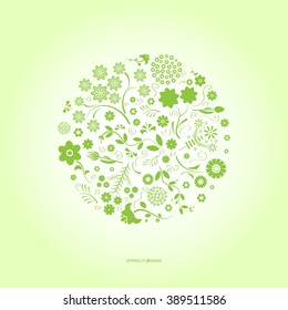Abstract green spring circle with flowers. Blossom background vector pattern