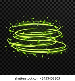 Abstractas remolinos de viento de primavera verde con hojas voladoras y destellos con efecto de neón brillante aislado sobre fondo transparente.