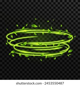 Abstract green spring wind swirls with flying leaves with glow neon effect isolated on transparent background.