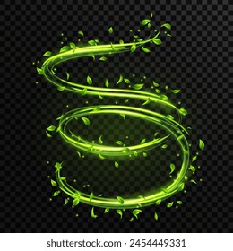 Abstract green spring wind swirls with flying leaves and sparkles with glow neon effect isolated on transparent background.