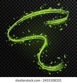 Abstractas remolinos de viento de primavera verde con hojas voladoras y destellos con efecto de neón brillante aislado sobre fondo transparente.
