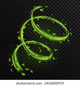 Abstract green spring wind swirls with flying leaves and sparkles with glow neon effect isolated on transparent background.