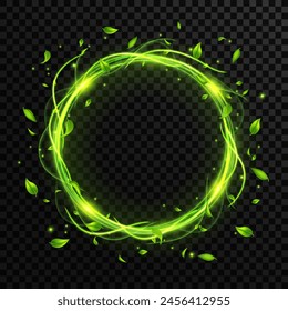 Abstract green spring wind swirls with flying leaves and sparkles with glow neon effect isolated on transparent background.