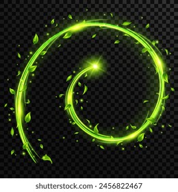 Abstractas remolinos de viento de primavera verde con hojas voladoras y destellos con efecto de neón brillante aislado sobre fondo transparente.