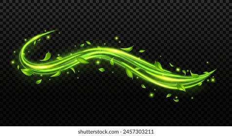 Abstractas remolinos de viento de primavera verde con hojas voladoras y destellos con efecto de neón brillante aislado sobre fondo transparente.