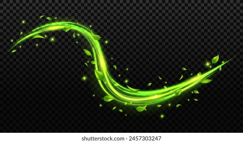 Abstract green spring wind swirls with flying leaves and sparkles with glow neon effect isolated on transparent background.