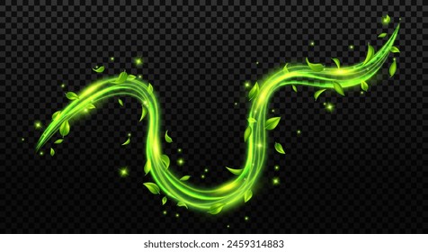 Abstract green spring wind swirls with flying leaves and sparkles with glow neon effect isolated on transparent background.