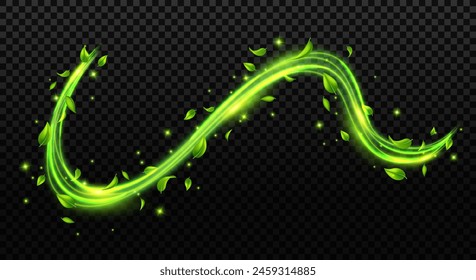 Abstract green spring wind swirls with flying leaves and sparkles with glow neon effect isolated on transparent background.