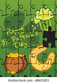 abstract green st patrick day background with beer mug, horseshoe and golden coins earthenware