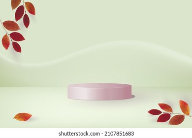 Abstract green stage for product presentation with a cylindrical podium, decorated with leaves. Vector layout, background, demonstration, 3d podium. Exhibition banner. Product advertising.