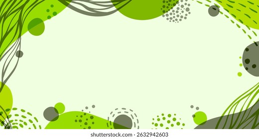 Abstract green stains with black lines Illustration for prints, wall art, cover, banner background. Simple abstract colorful background. Minimalist horizontal cover design template with copy space.