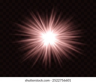 Abstract green star explosion. Glowing starburst effect isolated on dark background. Radiant beams with bright glowing center. Graphical patch of reflected light. Lens flare. Vector illustration.