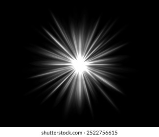 Abstract green star explosion. Glowing starburst effect isolated on dark background. Radiant beams with bright glowing center. Graphical patch of reflected light. Lens flare. Vector illustration.