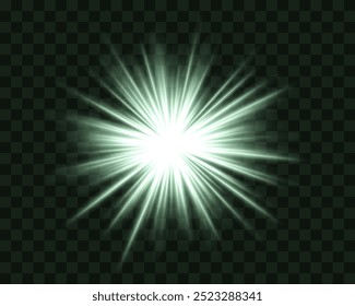 Abstrakte Explosion eines grünen Sterns. Glühender Starburst-Effekt einzeln auf dunklem Hintergrund. Strahlende Strahlen mit leuchtendem Zentrum. Grafischer Fleck von reflektiertem Licht. Linsenfackel. Vektorgrafik.