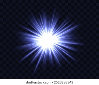 Abstract green star explosion. Glowing starburst effect isolated on dark background. Radiant beams with bright glowing center. Graphical patch of reflected light. Lens flare. Vector illustration.