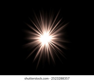 Abstract green star explosion. Glowing starburst effect isolated on dark background. Radiant beams with bright glowing center. Graphical patch of reflected light. Lens flare. Vector illustration.