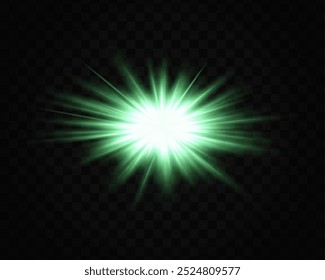 Abstractas explosión de estrella verde. Efecto de explosión de estrellas brillante aislado sobre fondo oscuro. Vigas radiantes con centro brillante. Parche gráfico de luz reflejada. Destello de lente. Ilustración vectorial.