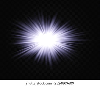 Abstract green star explosion. Glowing starburst effect isolated on dark background. Radiant beams with bright glowing center. Graphical patch of reflected light. Lens flare. Vector illustration.