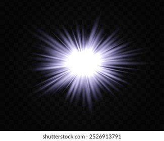 Abstract green star explosion. Glowing starburst effect isolated on dark background. Radiant beams with bright glowing center. Graphical patch of reflected light. Lens flare. Vector illustration.