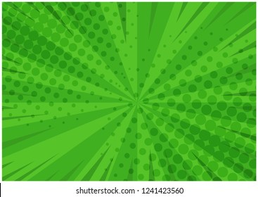 Abstract Green Striped Retro Comic Background With Halftone Corners. Cartoon Bright Eco Background With Stripes And Half Tone Pattern For Comics Book, Advertising Design, Poster, Print