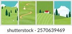 Abstract Green Summer landscape background vector set. Nature wallpaper of green field on mountain, flower, blue sky, girl, sheep. Watercolor illustration for cover, banner, wall art, decoration.