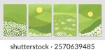 Abstract Green Summer landscape background vector set. Nature wallpaper of green field on mountain, daisy flowers, sky, sun, moon, meadow. Watercolor illustration for cover, wall art, decoration.