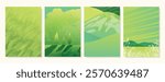 Abstract Green Summer landscape background vector set. Nature wallpaper of green field on mountain, bird, rice, weed, meadow. Watercolor illustration for cover, banner, wall art, decoration.