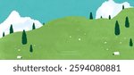 Abstract Green Summer landscape background vector. Nature wallpaper of green field on mountain, flower, blue sky, sheep. Watercolor illustration for cover, banner, wall art, decoration.