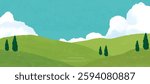 Abstract Green Summer landscape background vector. Nature wallpaper of green field on mountain, flower, blue sky. Watercolor illustration for cover, banner, wall art, decoration.