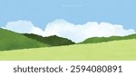 Abstract Green Summer landscape background vector. Nature wallpaper of green field on mountain, flower, blue sky. Watercolor illustration for cover, banner, wall art, decoration.