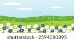 Abstract Green Summer landscape background vector. Nature wallpaper of green field on mountain, flower, blue sky. Watercolor illustration for cover, banner, wall art, decoration.