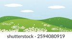 Abstract Green Summer landscape background vector. Nature wallpaper of green field on mountain, flower, blue sky, butterfly. Watercolor illustration for cover, banner, wall art, decoration.