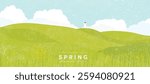 Abstract Green Summer landscape background vector. Nature wallpaper of green field on mountain, flower, blue sky, lighthouse. Watercolor illustration for cover, banner, wall art, decoration.