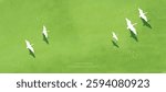 Abstract Green Summer landscape background vector. Nature wallpaper of green field on mountain, flower, blue sky, bird. Watercolor illustration for cover, banner, wall art, decoration.